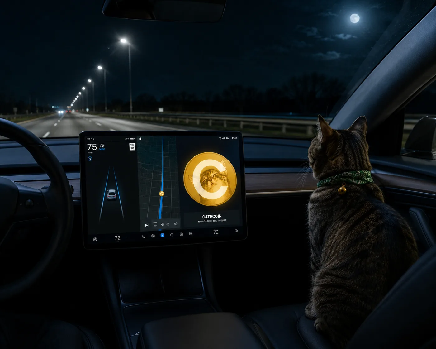 Cate riding shotgun with CateCoin on the dashboard at night